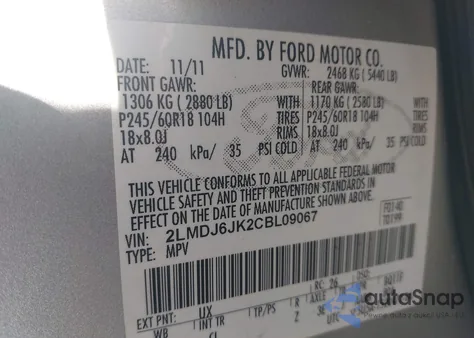 2012 Lincoln Mkx z USA, uszkodzony, nr VIN 2LMDJ6JK2CBL09067